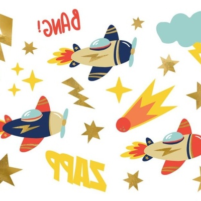 Ilustração de aviões de desenho animado com estrelas, relâmpagos, nuvem e palavras BANG! e ZAPP