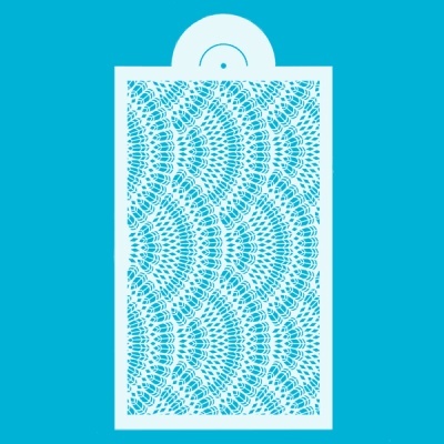 Cartão postal decorativo azul claro com padrão de rendas sobre fundo branco