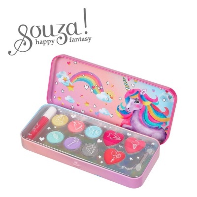 Estojo cor-de-rosa de maquilhagem com unicórnio e arco-íris aberto