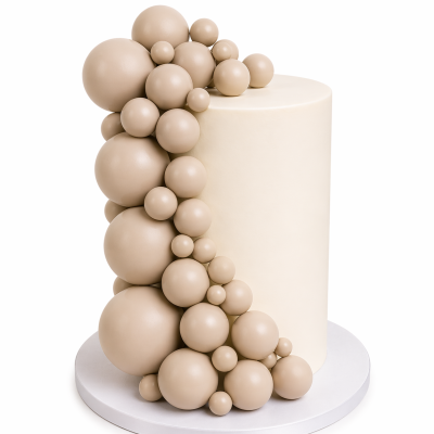Bolo cilíndrico creme claro com decoração de esferas bege em cascata