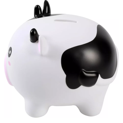 Cofre em forma de vaca preta e branca com fenda para moedas