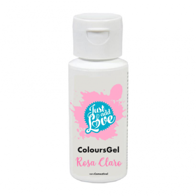 Frasco branco com rótulo 'Just add Love ColoursGel Rosa Claro' e tampa branca.