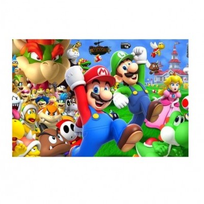 Personagens do Super Mario com castelo e céu azul ao fundo