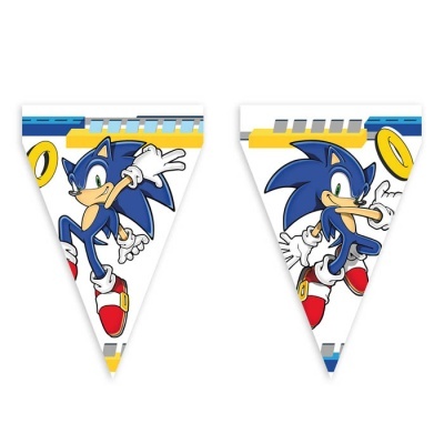 Bandeirolas triangulares com personagem Sonic azul e anéis dourados