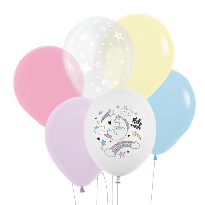 Balões coloridos com desenho de unicórnio e texto 'hello magic'