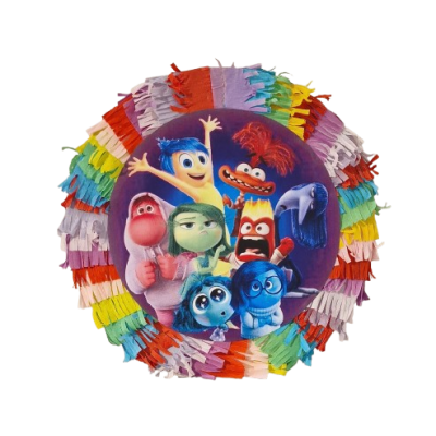 Pinata redonda multicolorida com personagens do filme Inside Out