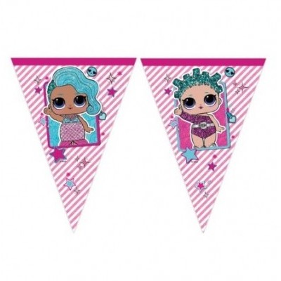 Dois triângulos para decoração de festa com personagens de bonecas LOL com cabelo azul e verde