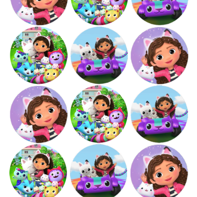 Círculos com ilustrações de menina, gatos coloridos e carro roxo em diferentes fundos.