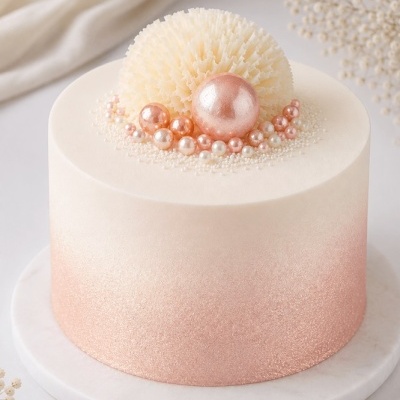 Bolo redondo decorado com esfera branca texturizada e pérolas cor de rosa e branco