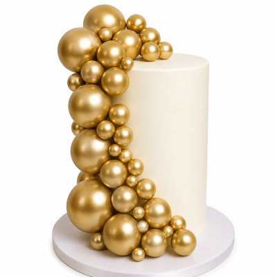 Bolo branco cilíndrico com decoração de esferas douradas brilhantes