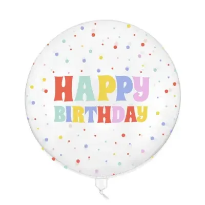 Balão redondo branco com texto colorido feliz aniversário e pontos coloridos