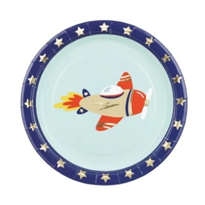 Prato infantil de plástico com desenho de avião e estrelas no bordo