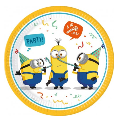 Prato de festa redondo amarelo com Minions e chapéus de festa