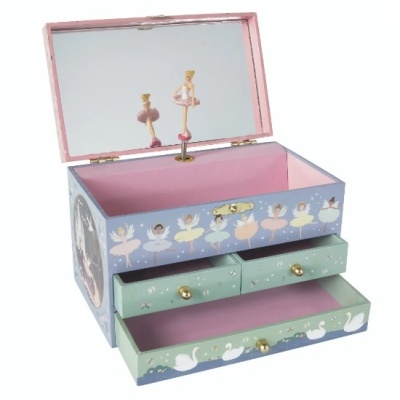 Caixa de música infantil azul e verde com figuras de bailarinas e cisnes, tampa com espelho aberto