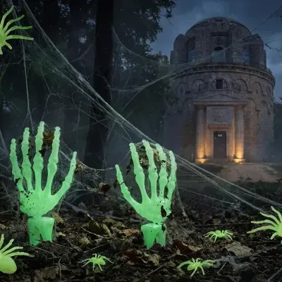 Mãos esqueléticas verdes fluorescentes e aranhas em teias ao ar livre à noite