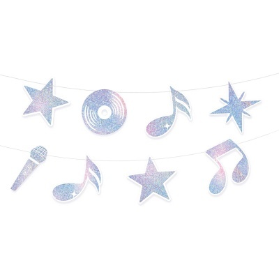Decoração pendente festiva em papel brilhante com formas musicais e estrelas