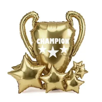 Balões dourados de troféu e estrelas com texto CHAMPION