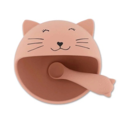 Almofariz e pistilo cor de rosa em silicone com rosto de gato sorridente