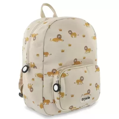 Mochila infantil bege com padrão de leões e bolso frontal