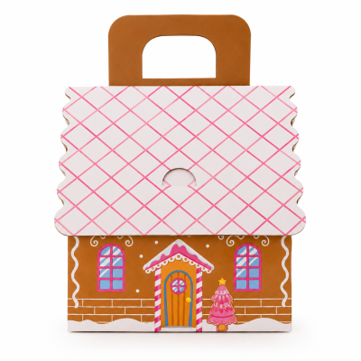 Embalagem decorativa em forma de casa de gingerbread com alça castanha