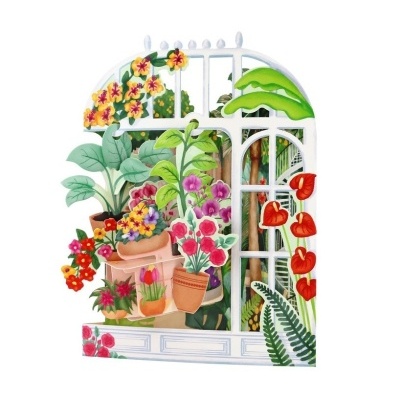 Suporte decorativo branco estilo janela com plantas e flores coloridas em vasos.