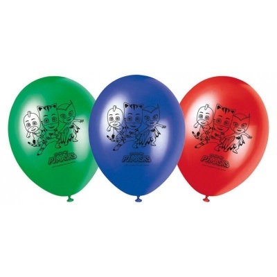 Três balões coloridos com personagens PJ Masks