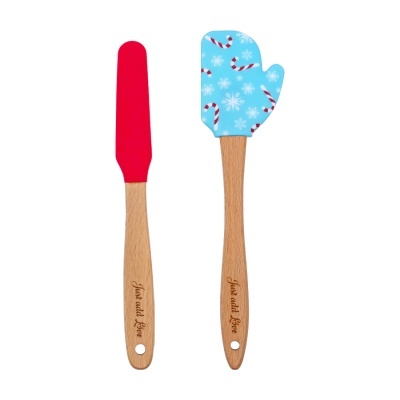 Conjunto de duas espátulas de cozinha com cabos de madeira e lâminas de silicone vermelha e azul decorada