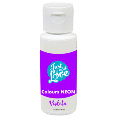 Frasco de tinta violeta neon com tampa branca, rótulo roxo e texto 'Just add Love Colours NEON Violeta'