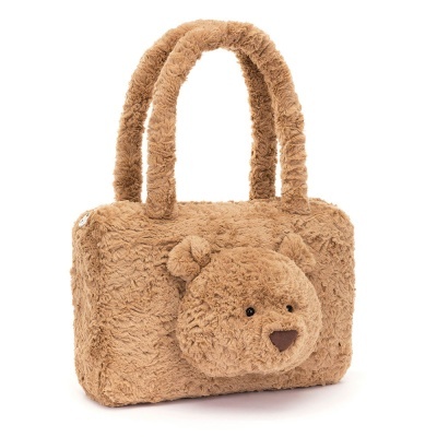 Bolsa peluda castanha com rosto de urso e alças