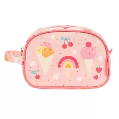 Bolsa rosa com padrão de gelados, frutas e arco-íris