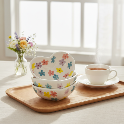 Três tigelas de cerâmica em formato de coração com flores coloridas e uma chávena de chá branca num tabuleiro de madeira.