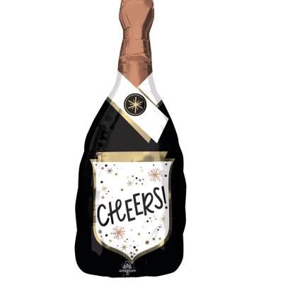 Balão em forma de garrafa de champanhe com a palavra CHEERS!