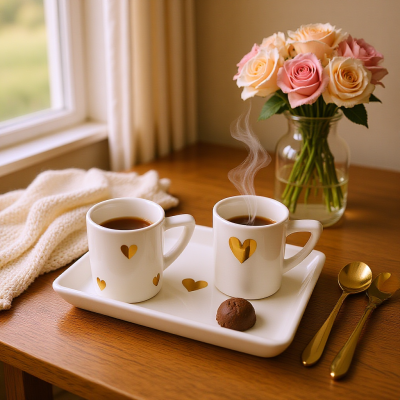 Chávenas de café brancas com corações dourados em tabuleiro branco, bolo, talheres dourados e bouquet de rosas em jarra de vidro