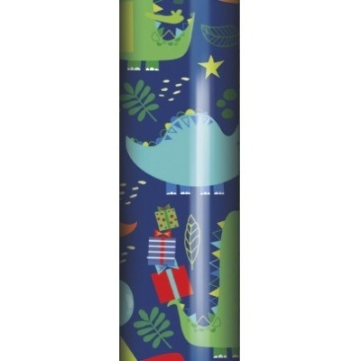 Papel de embrulho azul escuro com dinossauros coloridos e presentes