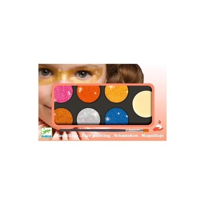 Paleta de maquilhagem para pintura facial com várias cores brilhantes e pincel