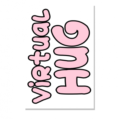 Cartaz com texto virtual HUG em letras rosas arredondadas sobre fundo branco