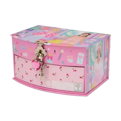 Caixa de joias rosa com fechadura e chave em formato de coração