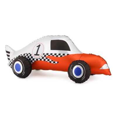 Balão insuflável em forma de carro de corrida com padrão xadrez preto e branco e número 1