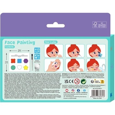 Embalagem de kit para pintura facial com moldes coloridos e instruções ilustradas.