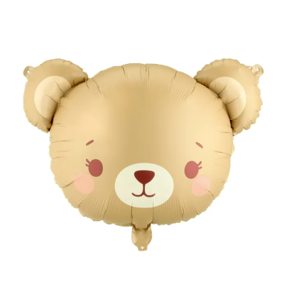 Balão metálico em forma de cabeça de urso cor bege com orelhas e rosto desenhado.