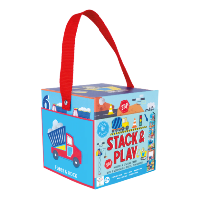 Caixa de brinquedo empilhável com alça vermelha e ilustrações de camião