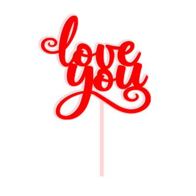 Topper decorativo vermelho com texto 'love you' em escrita cursiva