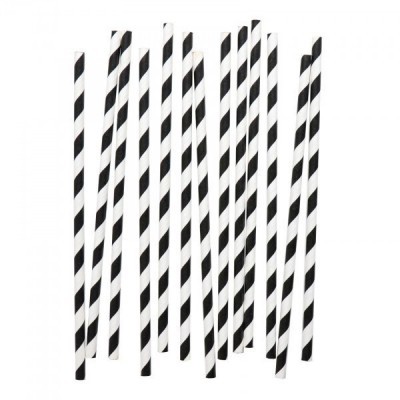 Canudos de papel preto e branco riscado diagonalmente