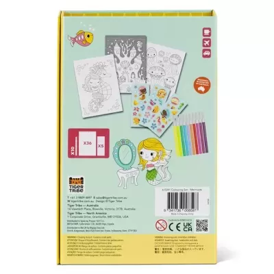 Conjunto para colorir com sereias, autocolantes e canetas coloridas em embalagem amarela e verde