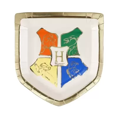 Prato de papel em formato escudo com emblema Hogwarts colorido