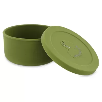 Recipiente redondo verde de silicone com tampa com relevo de dinossauro
