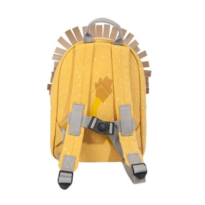 Mochila amarela com detalhes cinza e franjas castanhas nas laterais superiores