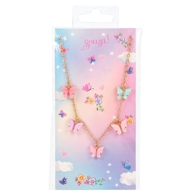 Colar dourado com borboletas coloridas em embalagem decorada