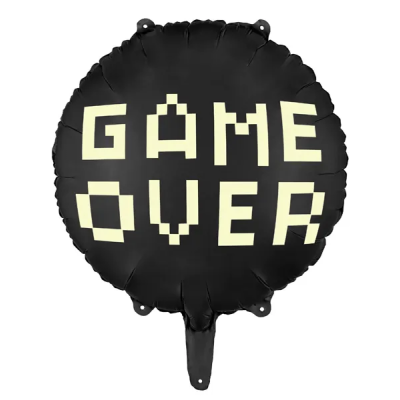 Balão preto redondo com texto 'GAME OVER' em amarelo pixelizado