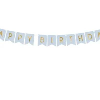 Faixa de aniversário azul claro com letras douradas HAPPY BIRTHDAY